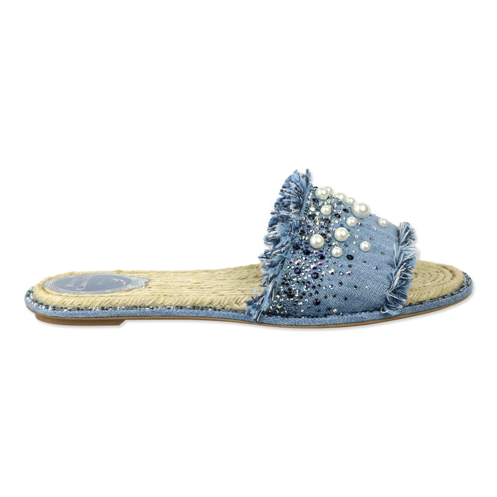 René Caovilla Blue Fringed Denim Pearl Crystal Slide Sandals