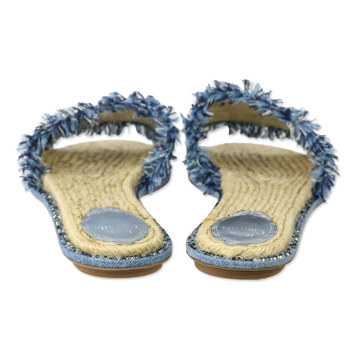René Caovilla Blue Fringed Denim Pearl Crystal Slide Sandals