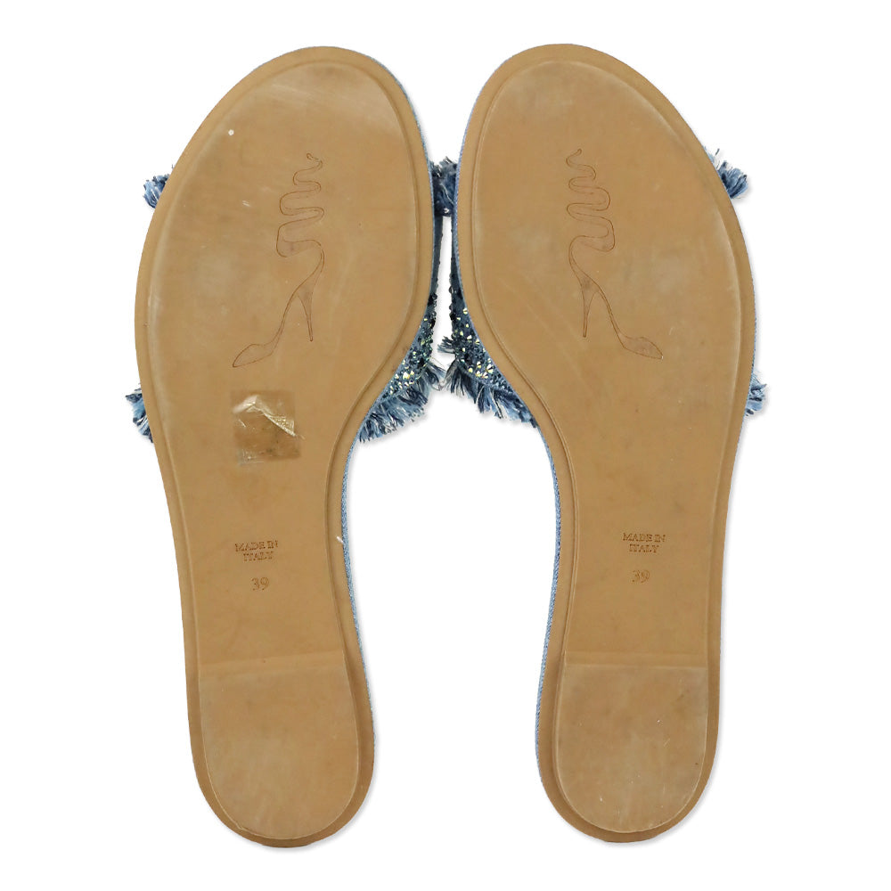 René Caovilla Blue Fringed Denim Pearl Crystal Slide Sandals