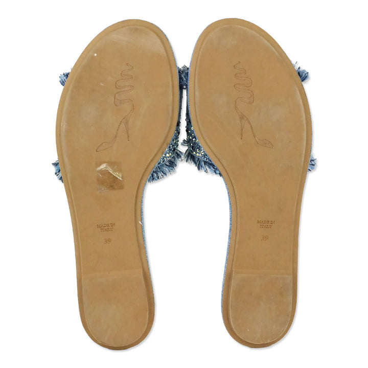 René Caovilla Blue Fringed Denim Pearl Crystal Slide Sandals