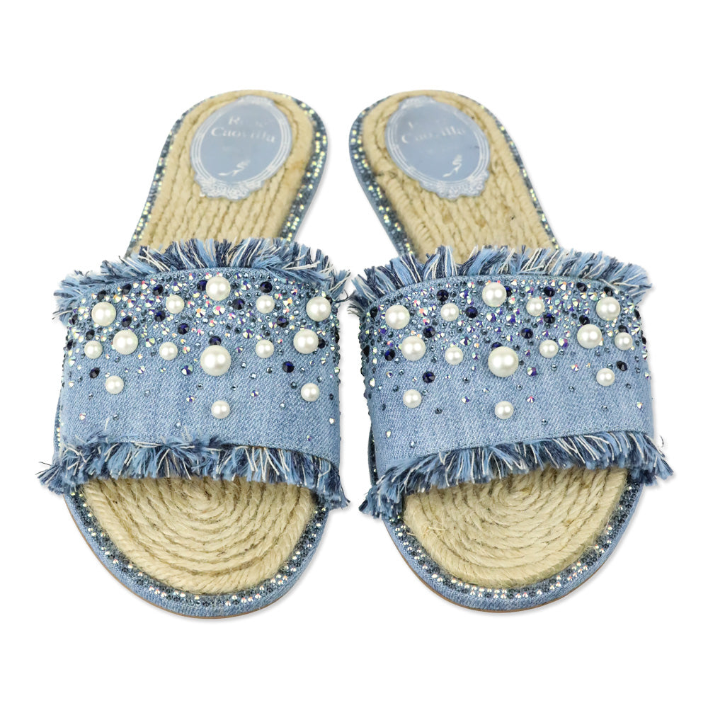 René Caovilla Blue Fringed Denim Pearl Crystal Slide Sandals