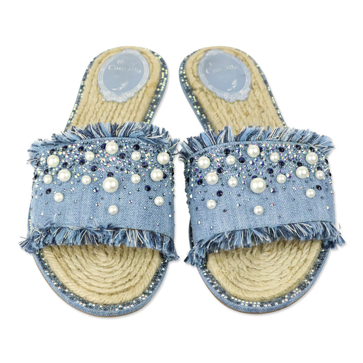 René Caovilla Blue Fringed Denim Pearl Crystal Slide Sandals