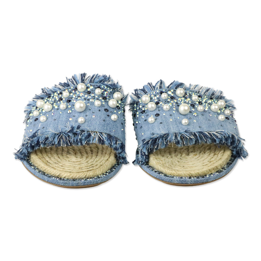 René Caovilla Blue Fringed Denim Pearl Crystal Slide Sandals