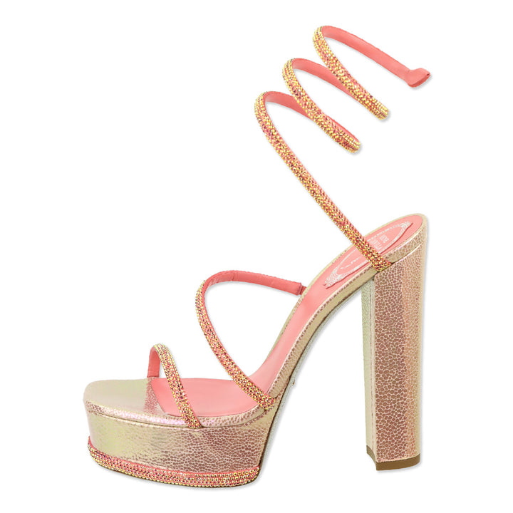 René Caovilla Cleo Pink Snake Printed Leather Strass Satin Platform Sandal