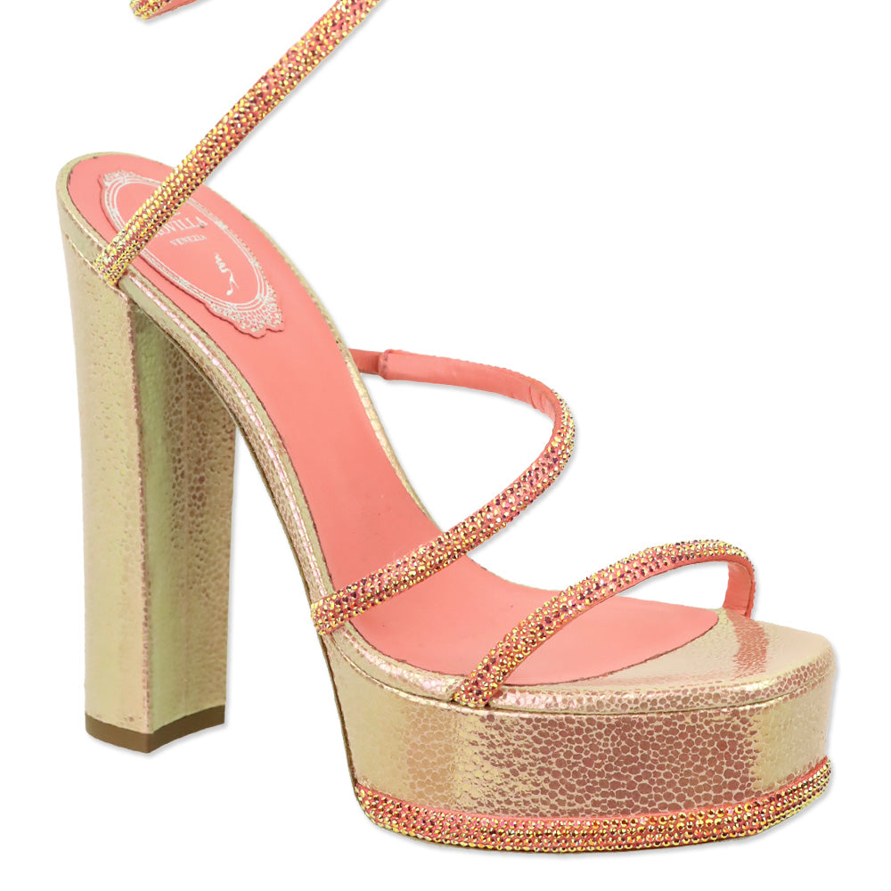 René Caovilla Cleo Pink Snake Printed Leather Strass Satin Platform Sandal