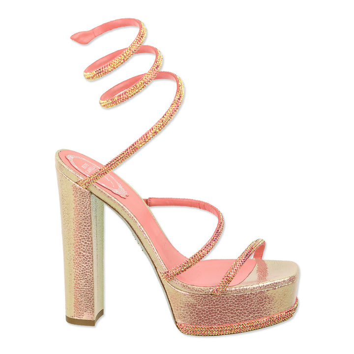 René Caovilla Cleo Pink Snake Printed Leather Strass Satin Platform Sandal