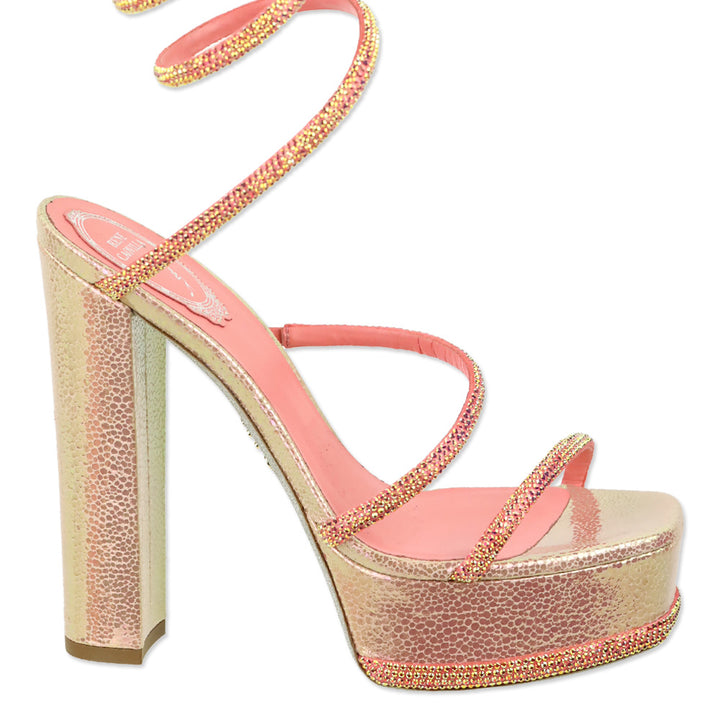 René Caovilla Cleo Pink Snake Printed Leather Strass Satin Platform Sandal