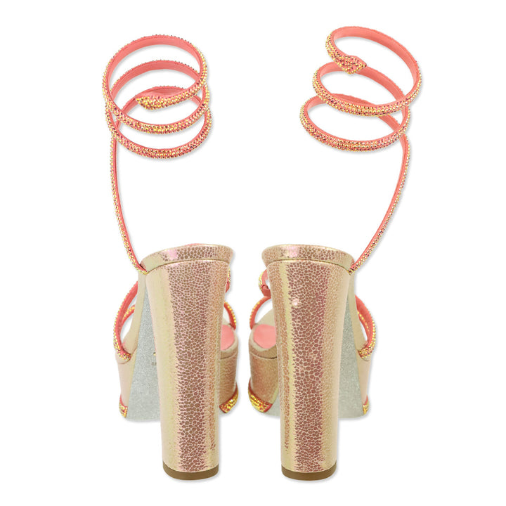 René Caovilla Cleo Pink Snake Printed Leather Strass Satin Platform Sandal