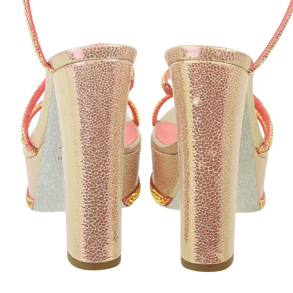 René Caovilla Cleo Pink Snake Printed Leather Strass Satin Platform Sandal