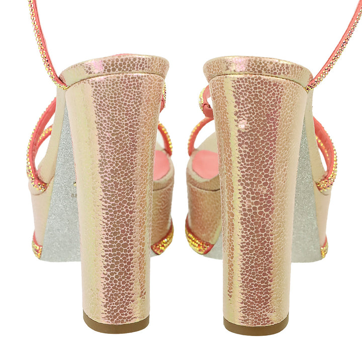 René Caovilla Cleo Pink Snake Printed Leather Strass Satin Platform Sandal