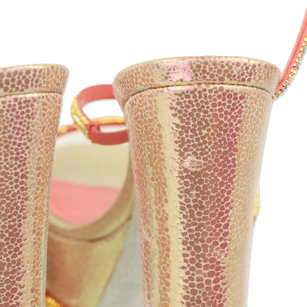 René Caovilla Cleo Pink Snake Printed Leather Strass Satin Platform Sandal