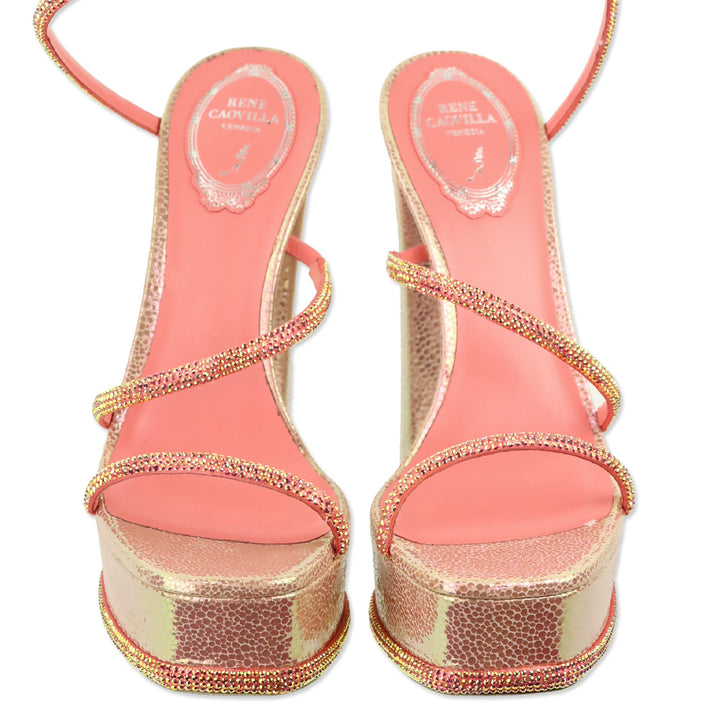 René Caovilla Cleo Pink Snake Printed Leather Strass Satin Platform Sandal