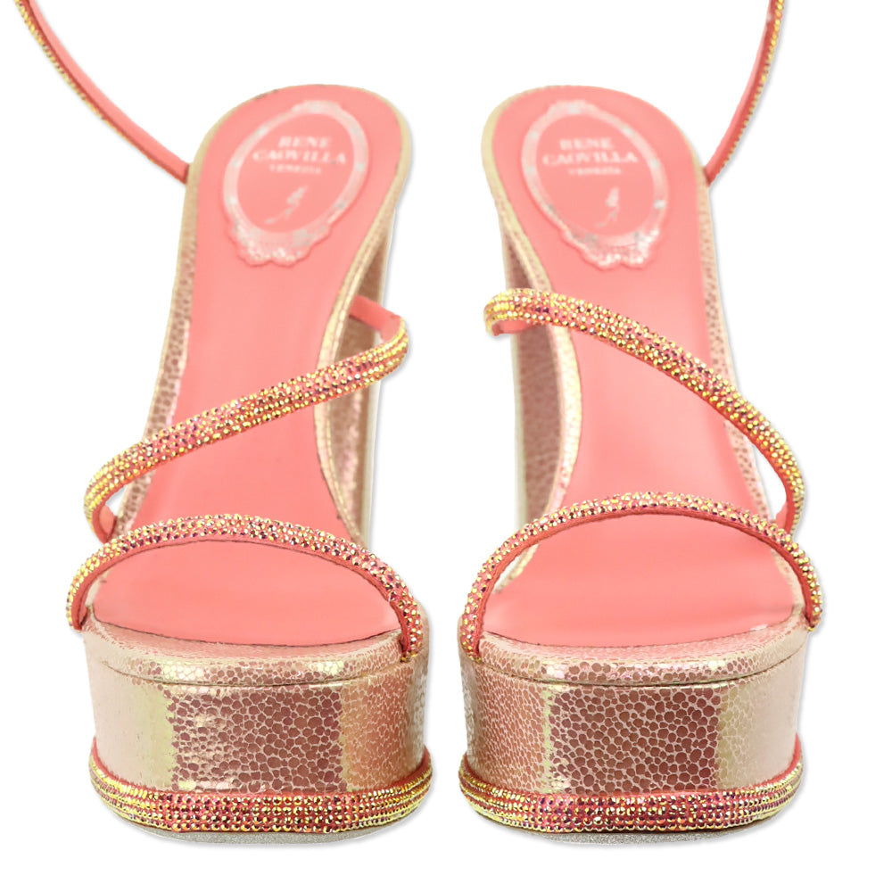 René Caovilla Cleo Pink Snake Printed Leather Strass Satin Platform Sandal