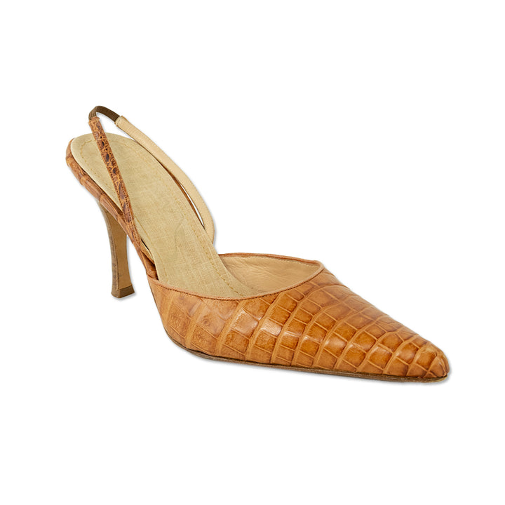 René Caovilla Croc Tan Leather Slingback Pumps