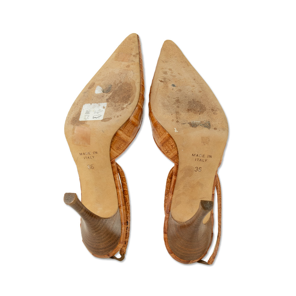 René Caovilla Croc Tan Leather Slingback Pumps