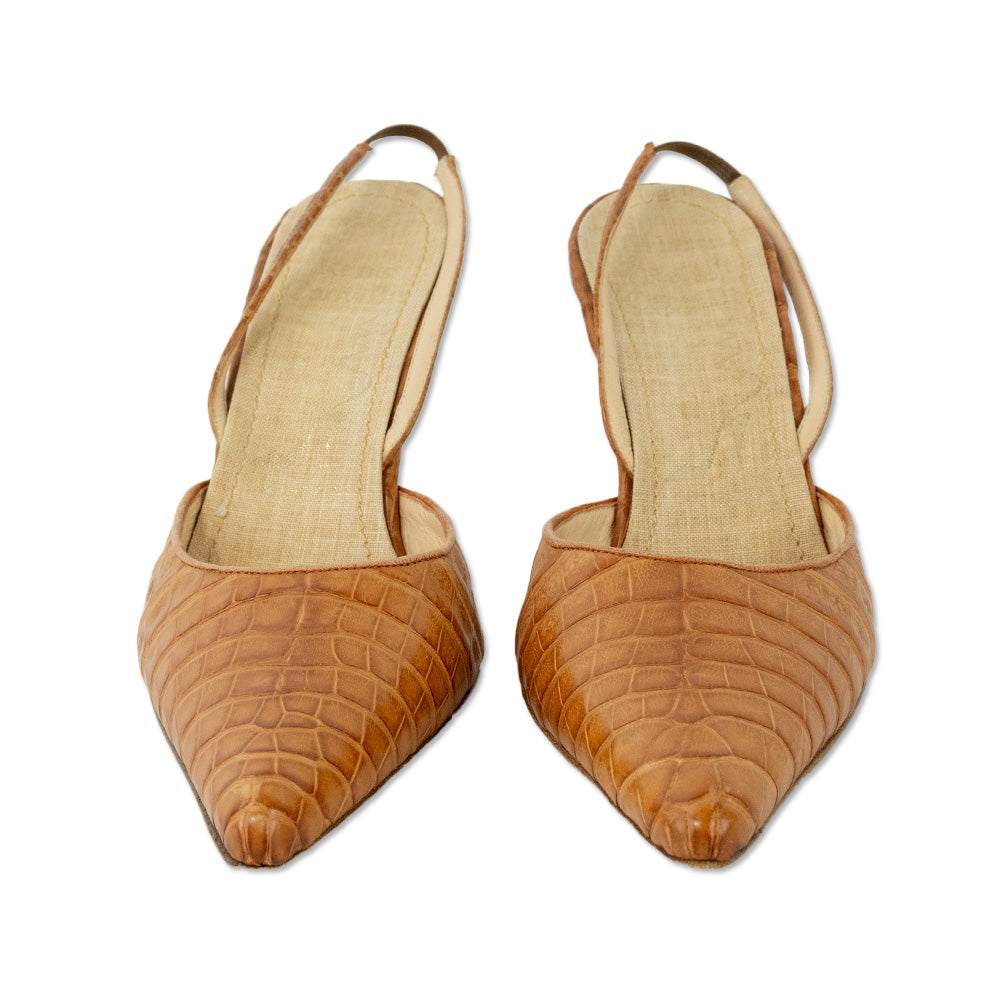 René Caovilla Croc Tan Leather Slingback Pumps