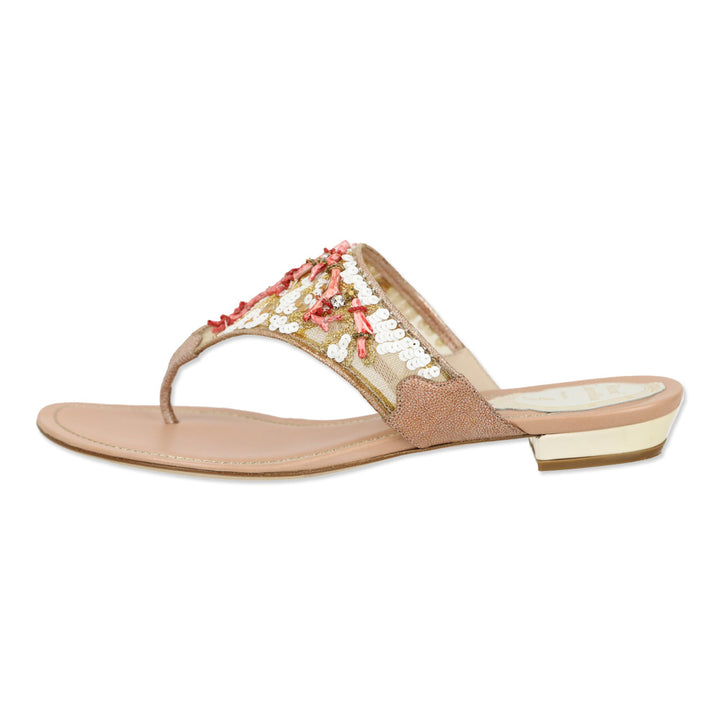 René Caovilla Pink Leather Red Coral/Sequin Thong Sandal