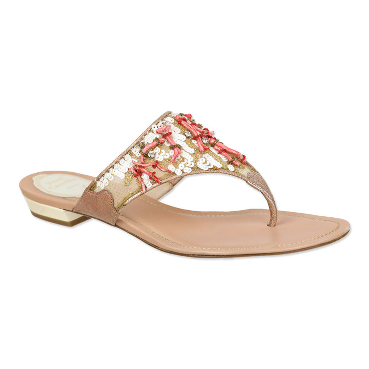 René Caovilla Pink Leather Red Coral/Sequin Thong Sandal
