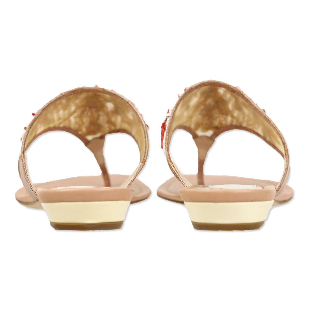 René Caovilla Pink Leather Red Coral/Sequin Thong Sandal