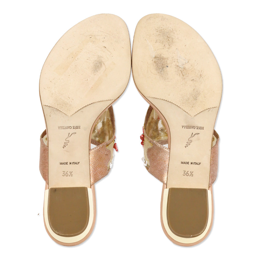 René Caovilla Pink Leather Red Coral/Sequin Thong Sandal