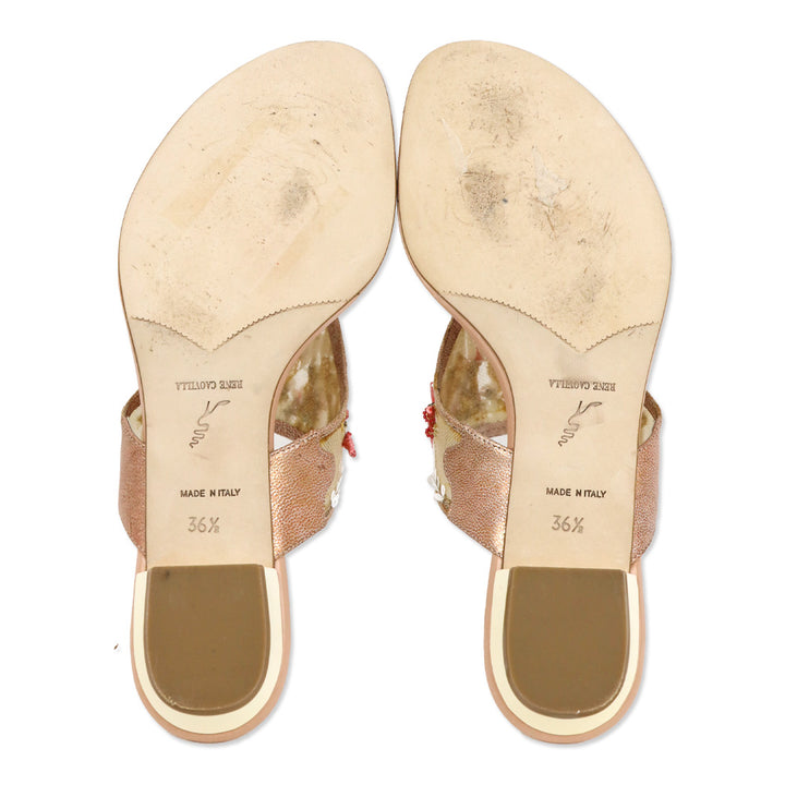René Caovilla Pink Leather Red Coral/Sequin Thong Sandal