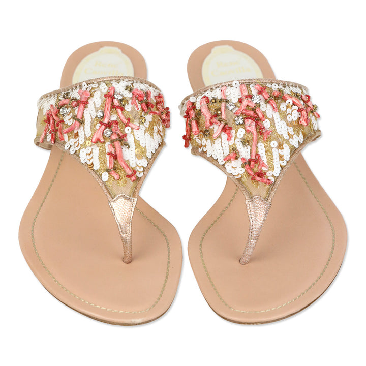 René Caovilla Pink Leather Red Coral/Sequin Thong Sandal