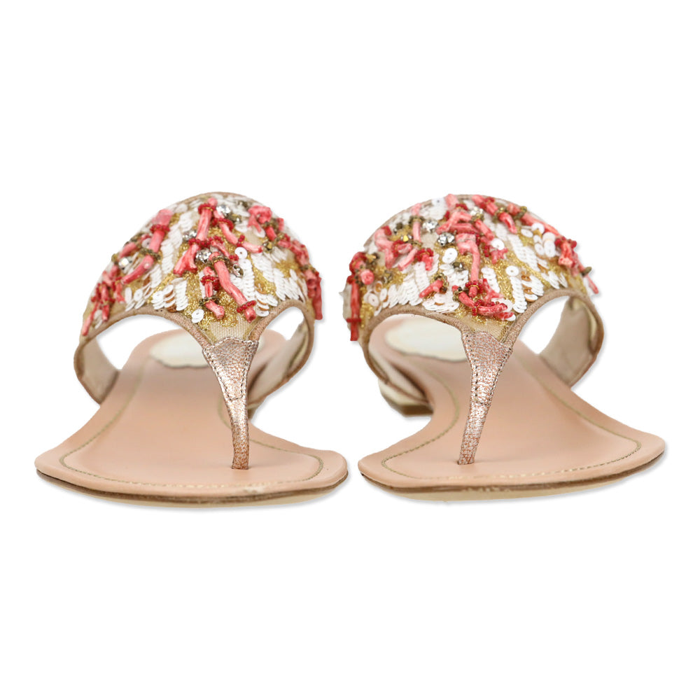 René Caovilla Pink Leather Red Coral/Sequin Thong Sandal