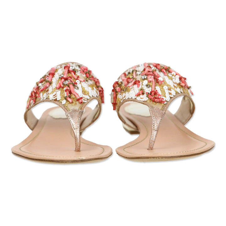 René Caovilla Pink Leather Red Coral/Sequin Thong Sandal