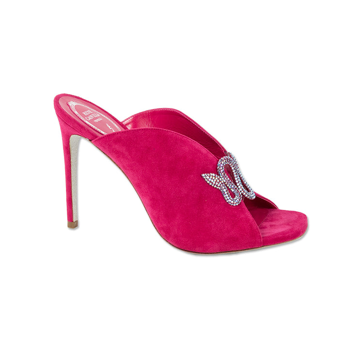 Rene Caovilla Pink Suede Crystal Snake Open-Toe Heels