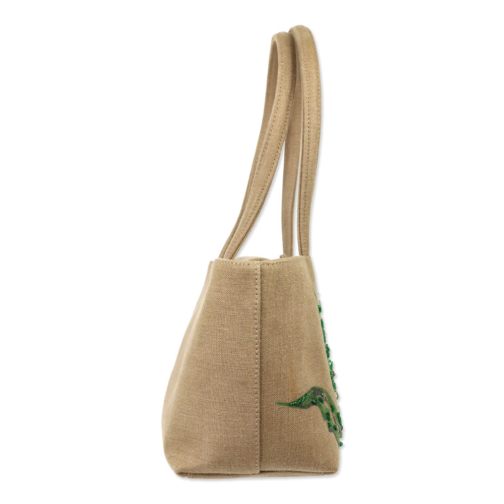 René Caovilla Tan Canvas Plant Beaded Embroidered Shoulder Bag