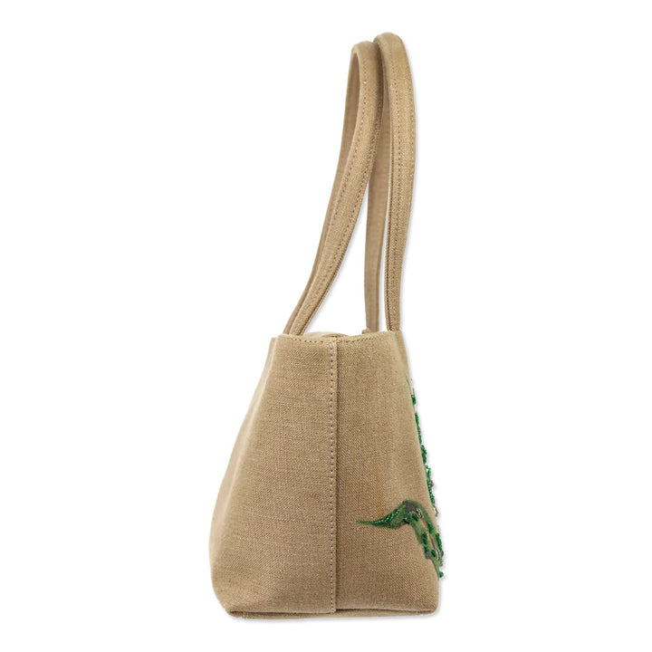 René Caovilla Tan Canvas Plant Beaded Embroidered Shoulder Bag