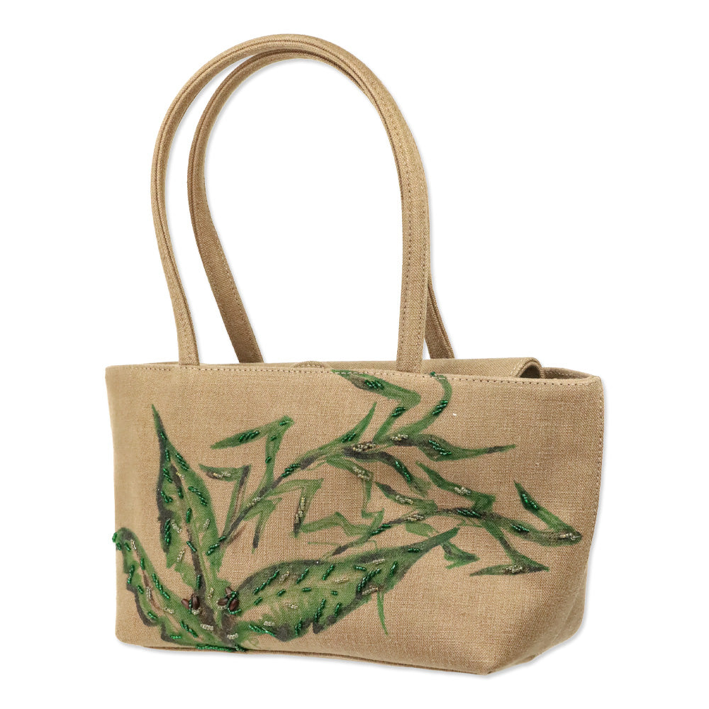 René Caovilla Tan Canvas Plant Beaded Embroidered Shoulder Bag