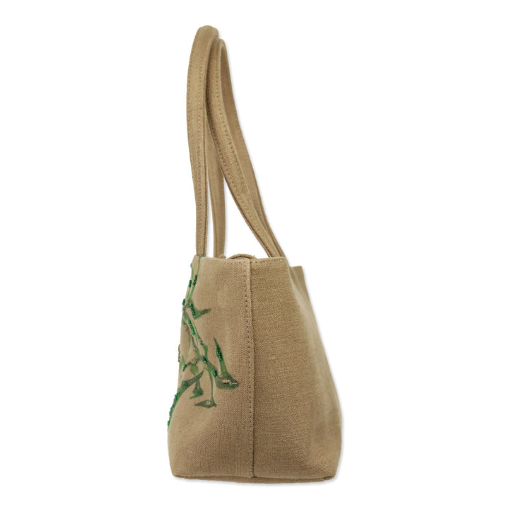René Caovilla Tan Canvas Plant Beaded Embroidered Shoulder Bag