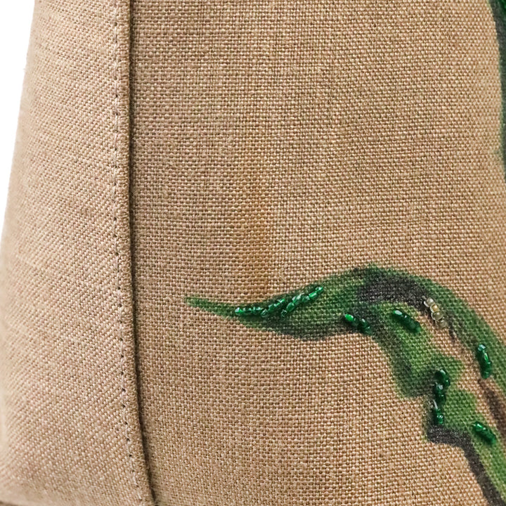 René Caovilla Tan Canvas Plant Beaded Embroidered Shoulder Bag