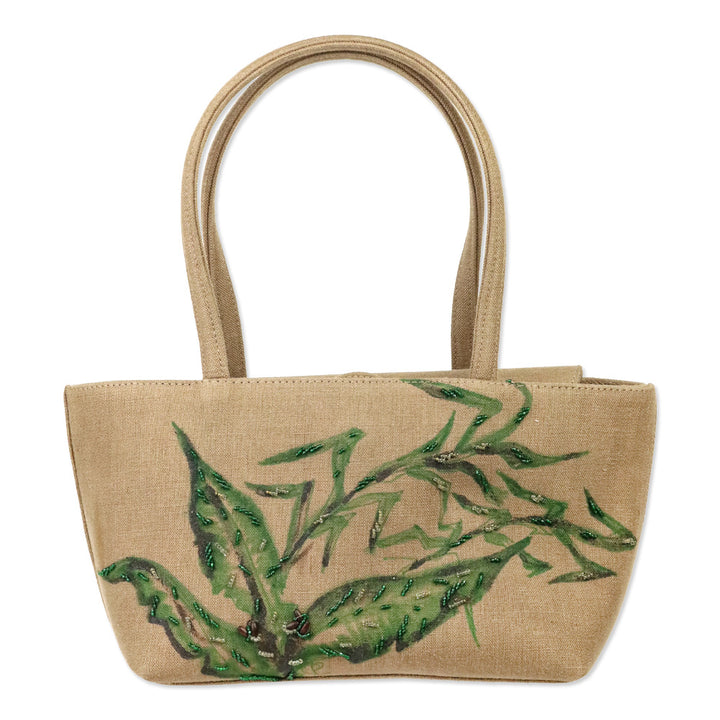 René Caovilla Tan Canvas Plant Beaded Embroidered Shoulder Bag