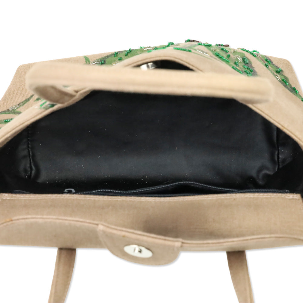 René Caovilla Tan Canvas Plant Beaded Embroidered Shoulder Bag