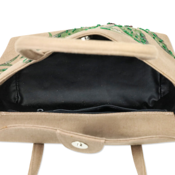René Caovilla Tan Canvas Plant Beaded Embroidered Shoulder Bag