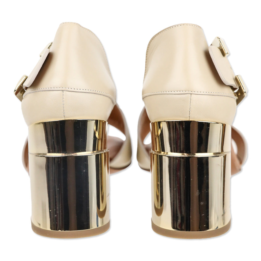 Robert Clergerie Abstract Taupe Leather Metal Heel Sandal