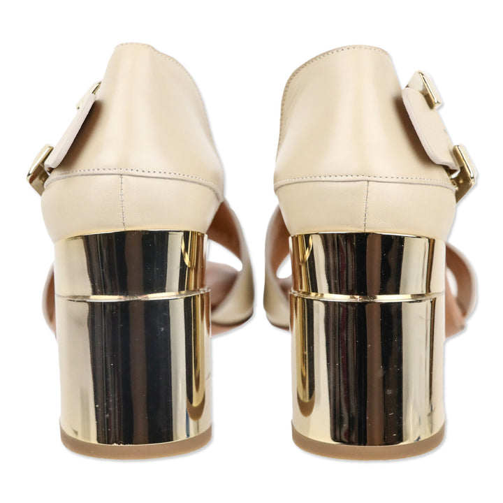 Robert Clergerie Abstract Taupe Leather Metal Heel Sandal