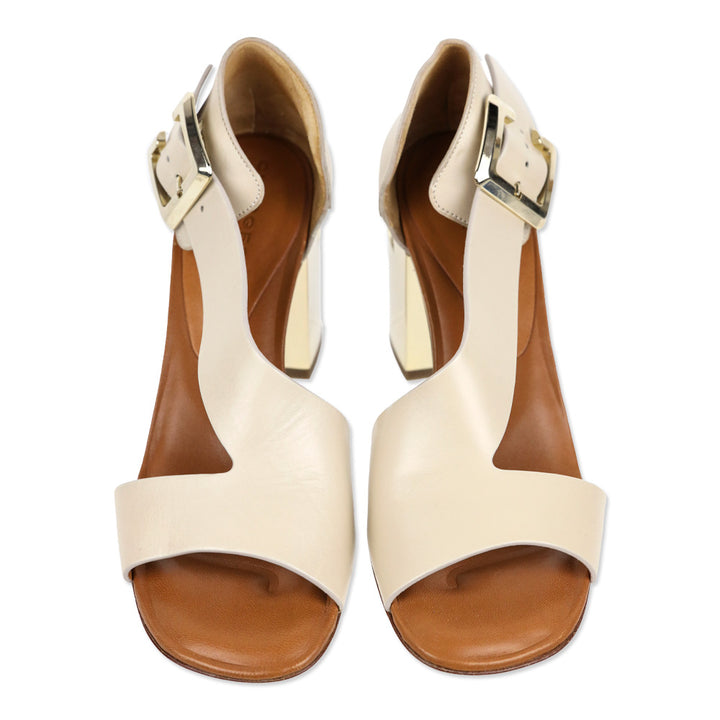 Robert Clergerie Abstract Taupe Leather Metal Heel Sandal