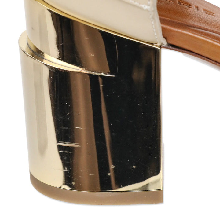 Robert Clergerie Abstract Taupe Leather Metal Heel Sandal