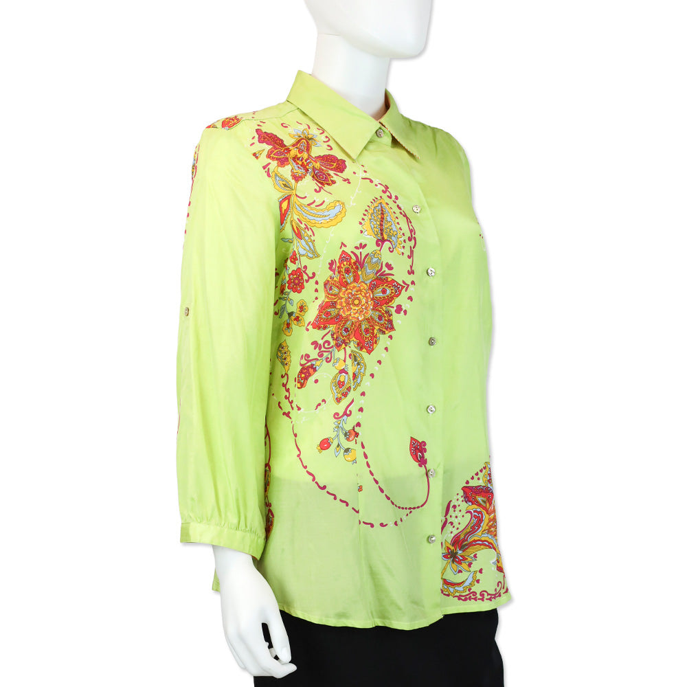 Robert Graham Green Floral Paisley Print Silk/Cotton Button-Up Blouse