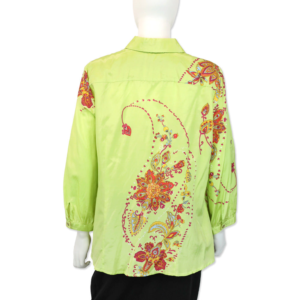 Robert Graham Green Floral Paisley Print Silk/Cotton Button-Up Blouse