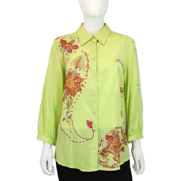 Robert Graham Green Floral Paisley Print Silk/Cotton Button-Up Blouse