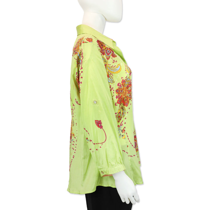 Robert Graham Green Floral Paisley Print Silk/Cotton Button-Up Blouse