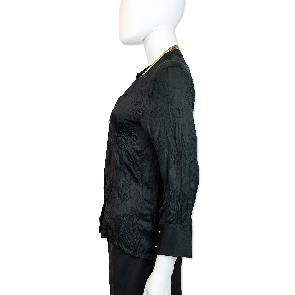Roberto Cavalli Black Chevron Crinkle Silk Blouse with Snake Chain Wrap Necklace
