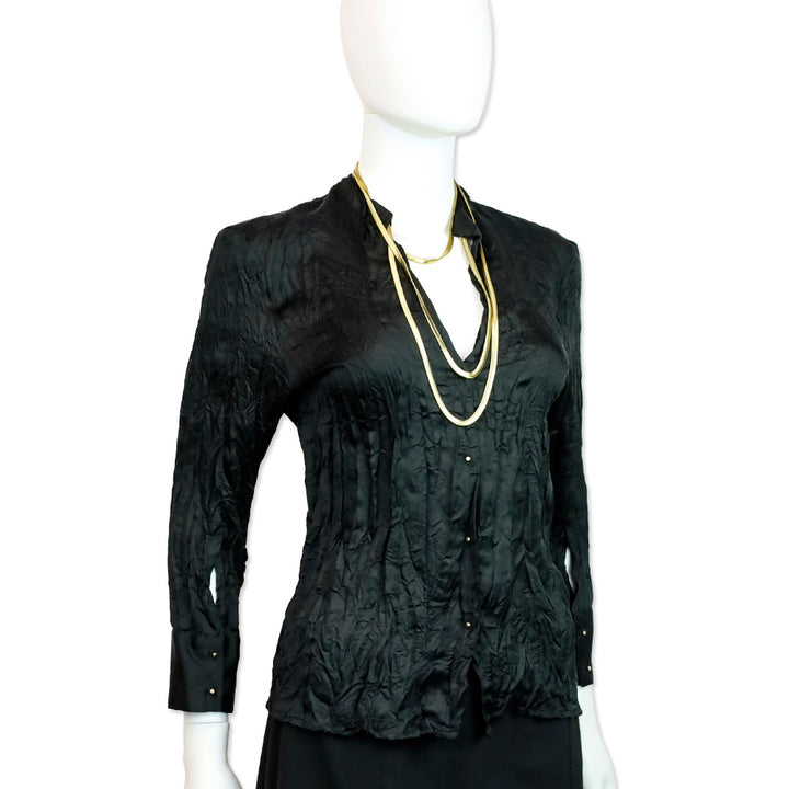 Roberto Cavalli Black Chevron Crinkle Silk Blouse with Snake Chain Wrap Necklace