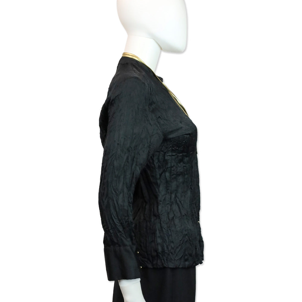 Roberto Cavalli Black Chevron Crinkle Silk Blouse with Snake Chain Wrap Necklace