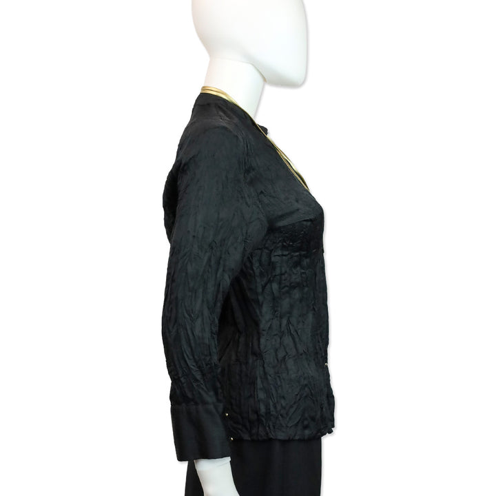 Roberto Cavalli Black Chevron Crinkle Silk Blouse with Snake Chain Wrap Necklace