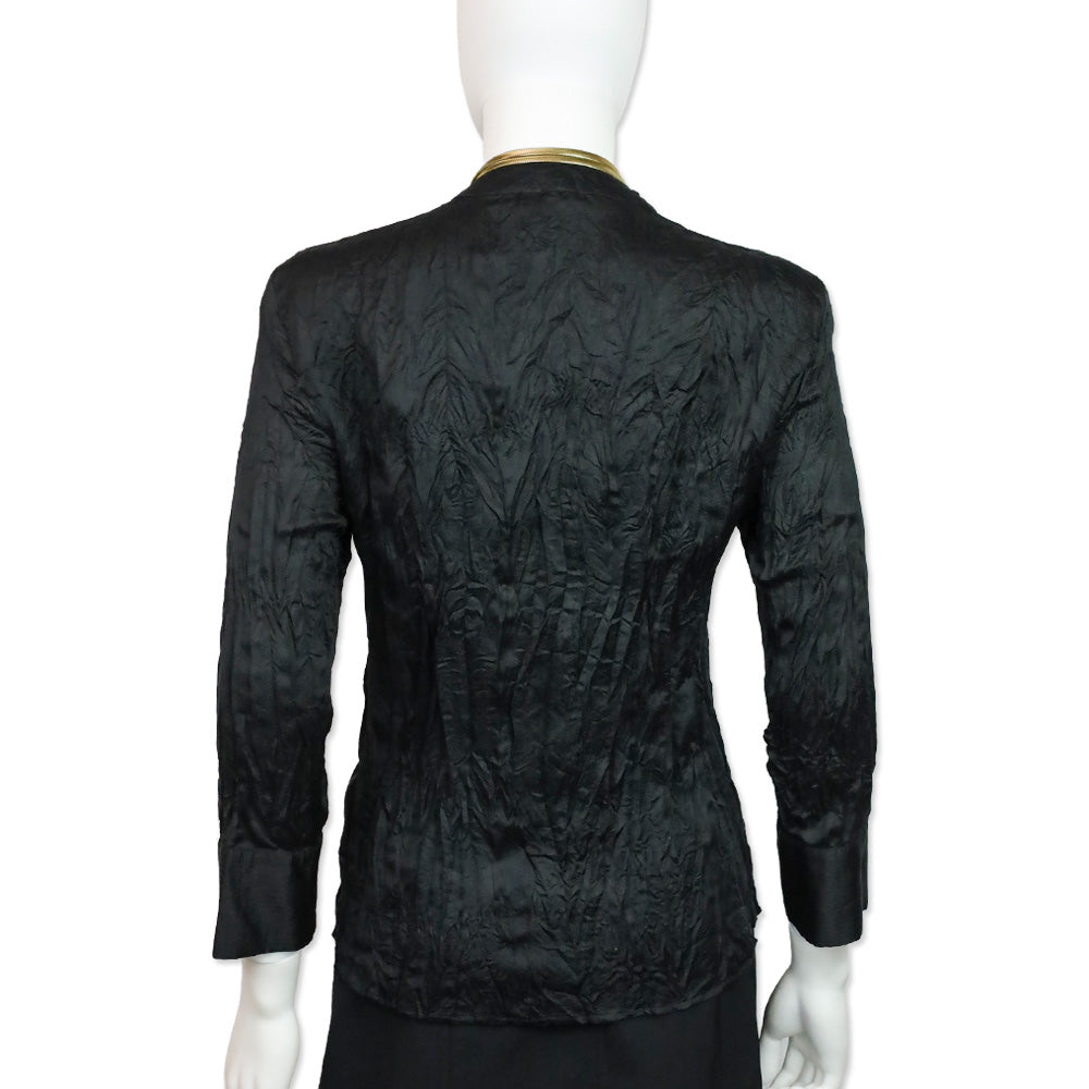 Roberto Cavalli Black Chevron Crinkle Silk Blouse with Snake Chain Wrap Necklace